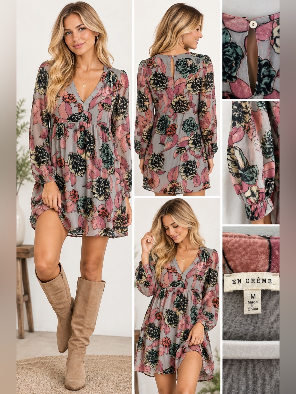 En Crème Floral Velvet Burnout Babydoll Dress Size Medium Boho